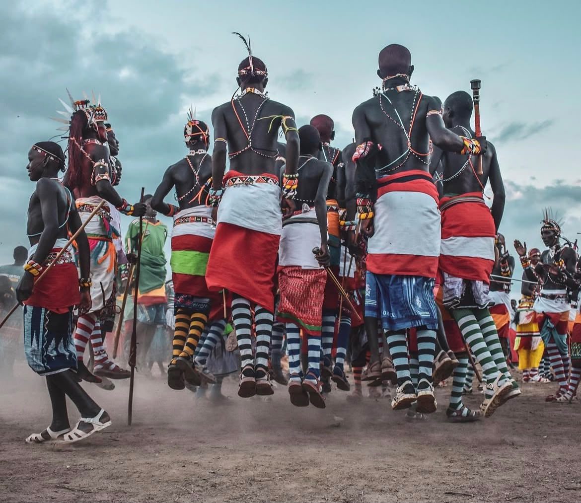 Group of Samburu warriors in traditional beaded dress